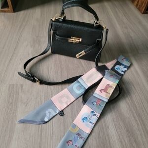 Elegant Black Vegan Leather Bag & Horse Design Twilly Scarf